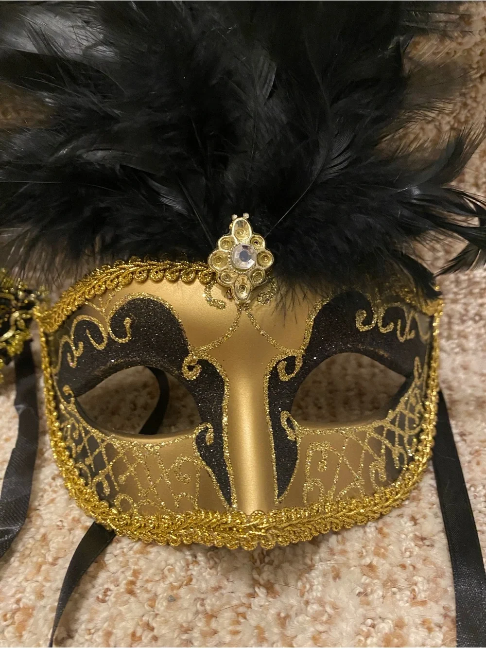 Like New Black & Gold Venetian Masquerade Masks with Feather Accents